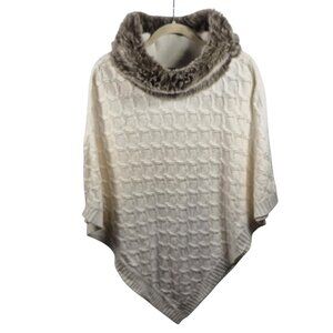 Talbots Sweater Womens M/L Mob Wife Poncho Cozy Chic Cable Knit Faux Fur Collar